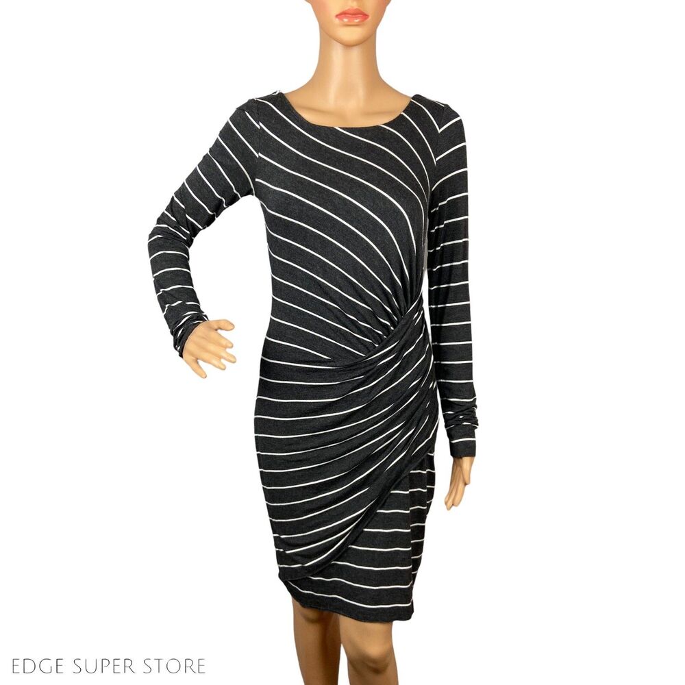 Bailey 44 Gray White Striped Wrap Ruched Detail Long Sleeve Dress Size Small
